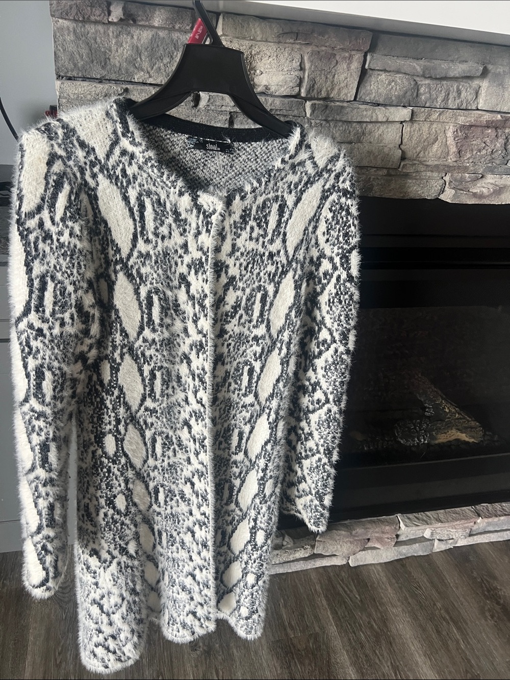 SALONI Black and White Textured Pattern Open-Front Cardigan